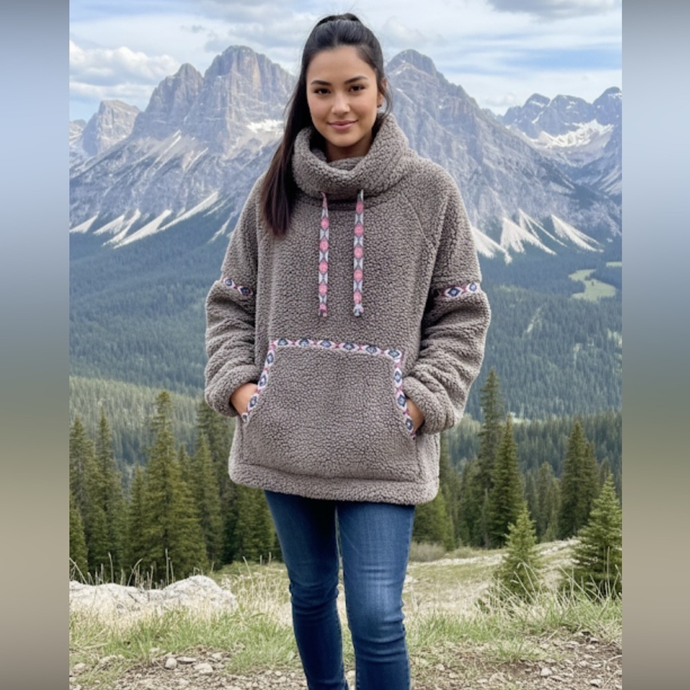 SUNDANCE Gray Sherpa Fleece Pullover w/Kangaroo Pocket Size LP Snuggly Gorpcore